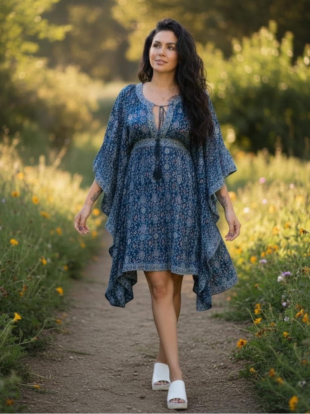 Talitha Blue & Pink Printed Boho Short Dress Cascading Waterfall Sleeves Small
